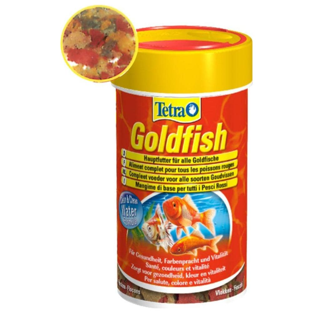 Tetra Goldfish Futter: Rote Dose mit Goldfischen und Futterflocken.