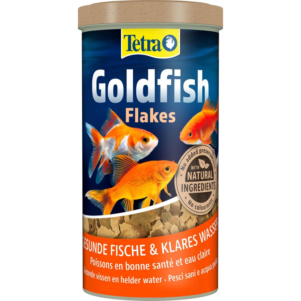 Tetra Goldfish Flocken Futter mit drei Goldfischen auf der Dose.