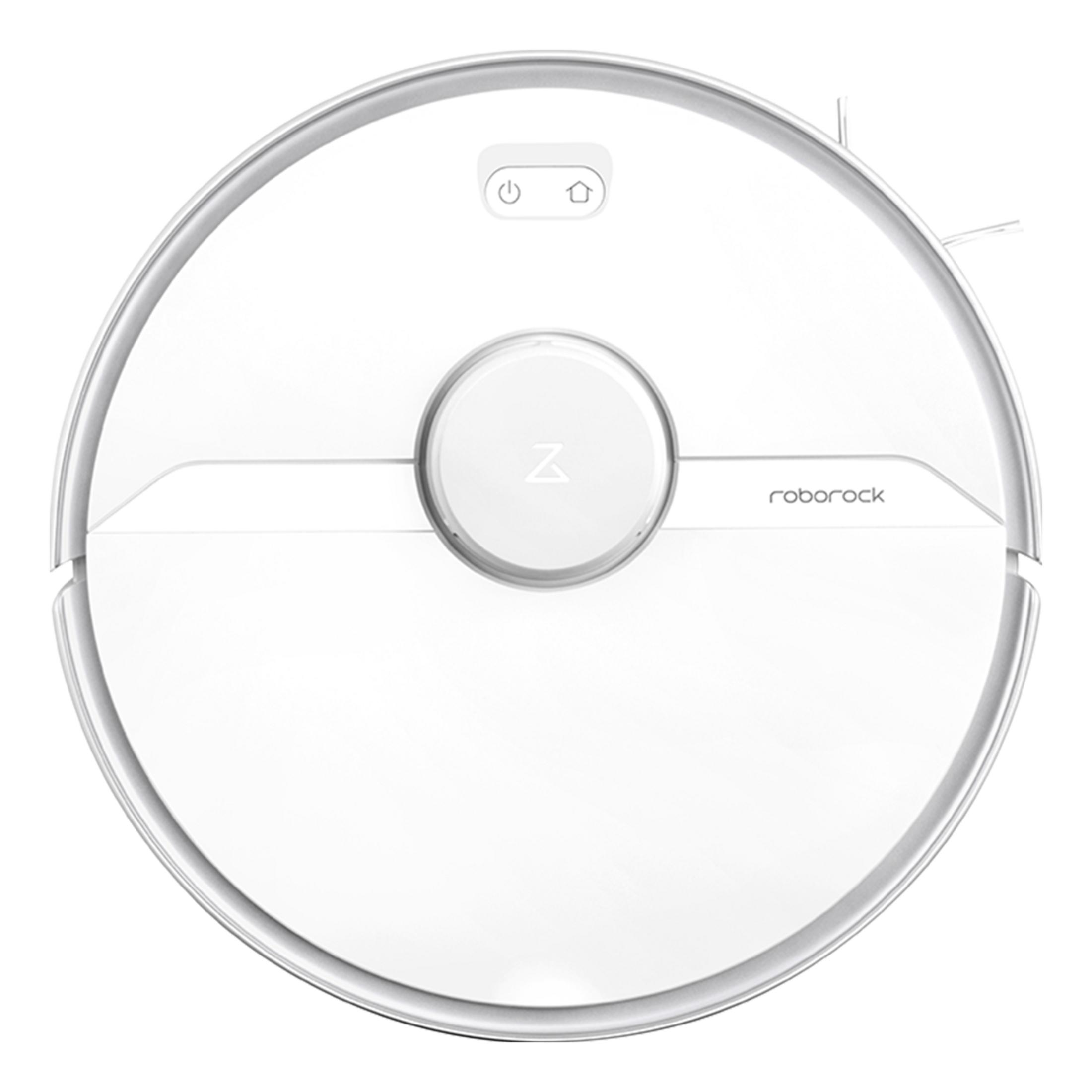 Biały robot sprzątający z wieżą lidar i przyciskami na górze.