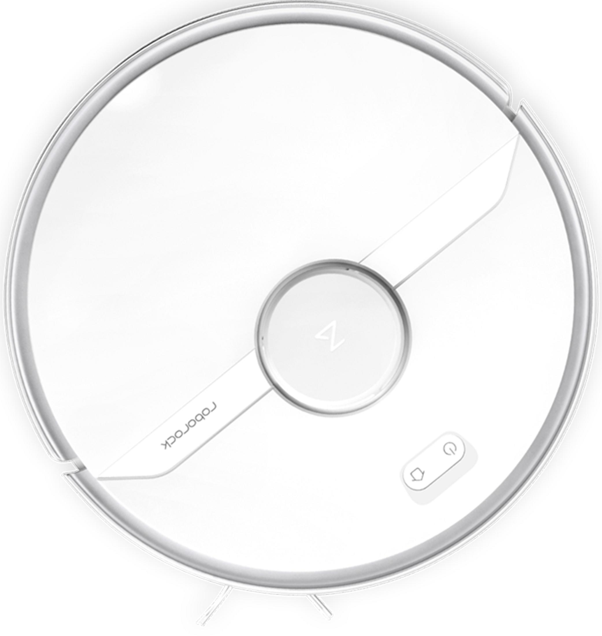 Biały robot sprzątający z centralnym kołem i przyciskami.