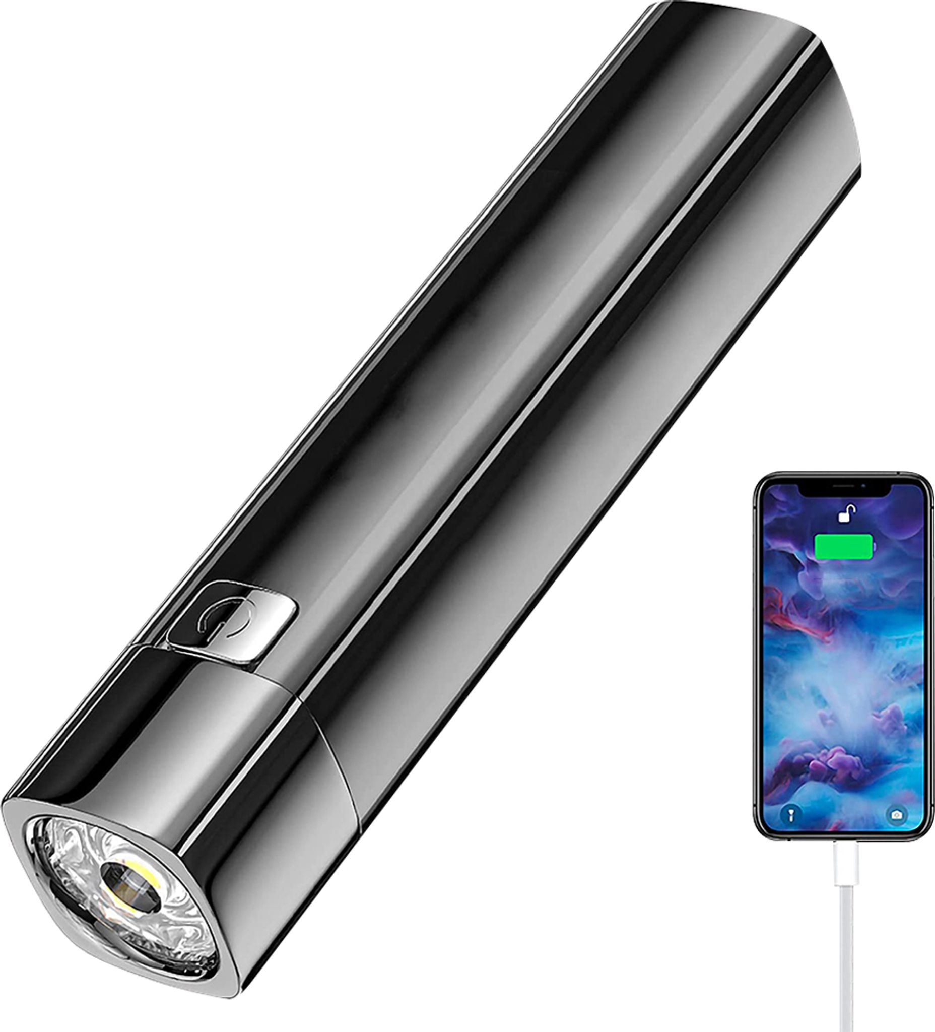 Ein silberner Zylinder und ein Smartphone, das aufgeladen wird.