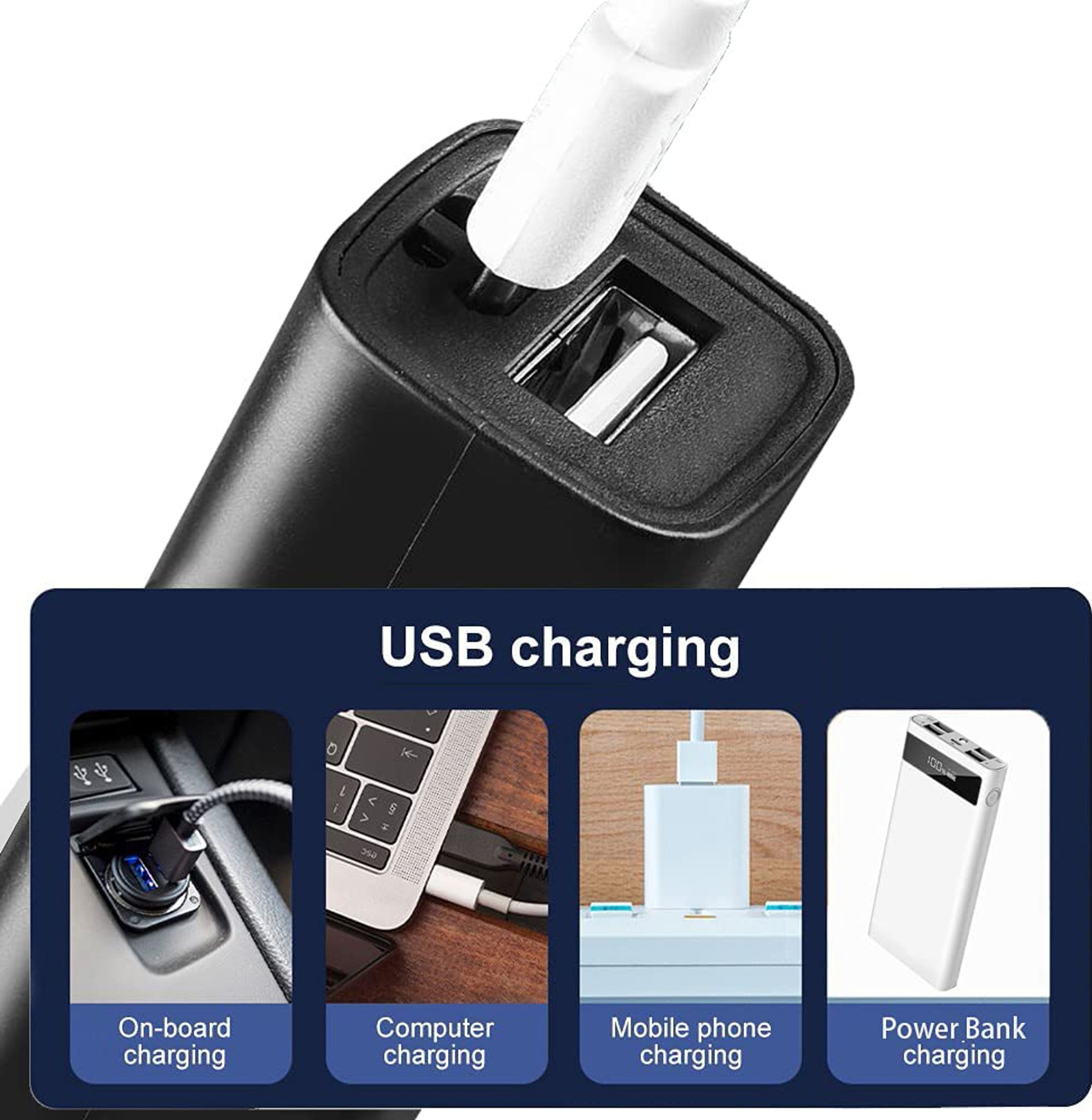 Nahaufnahme eines schwarzen USB-Ladegeräts mit einem weißen Kabel.