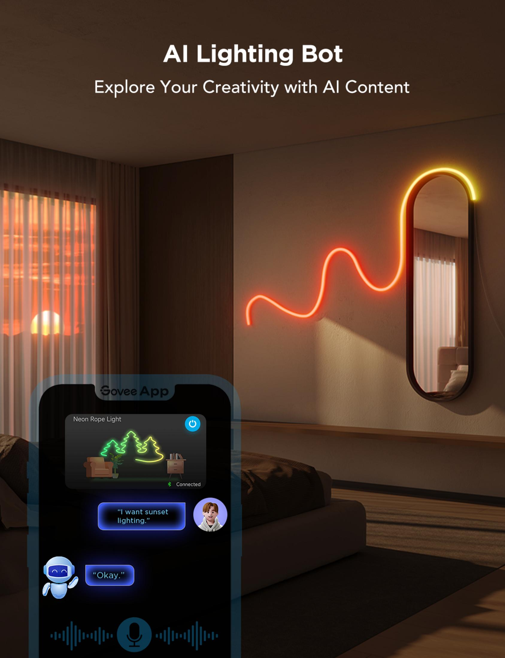 Een smartphone toont een verlichtingsapp. Een rood neonlampje hangt aan de muur.