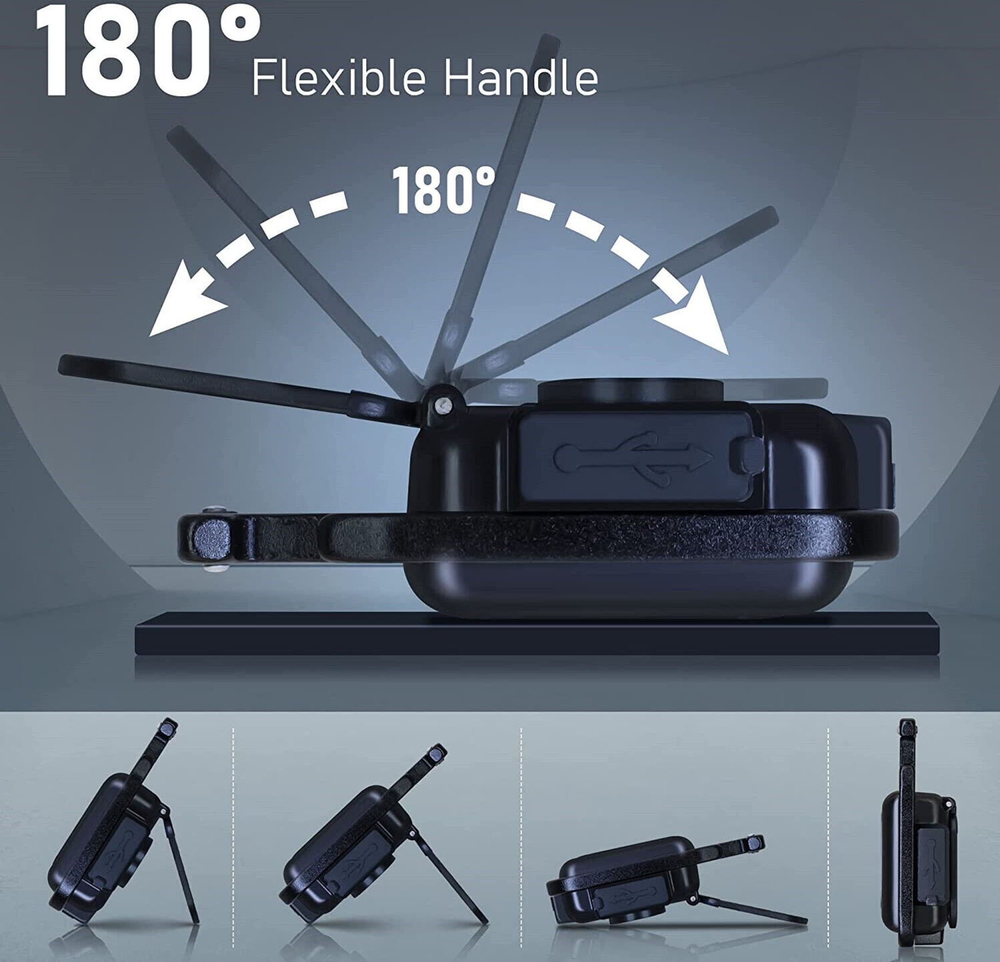 Ein schwarzes USB-Gerät mit einem flexiblen, 180° schwenkbaren Griff.