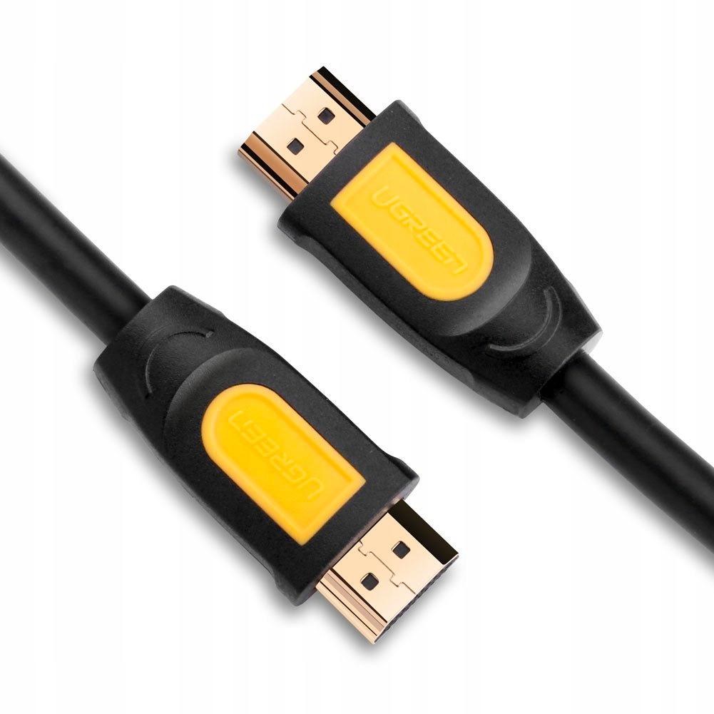 Dwa czarne kable HDMI ze złotymi złączami i żółtymi logotypami UGREEN.