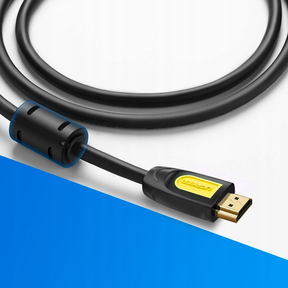 Czarny kabel HDMI ze złotą wtyczką i żółtym logo.