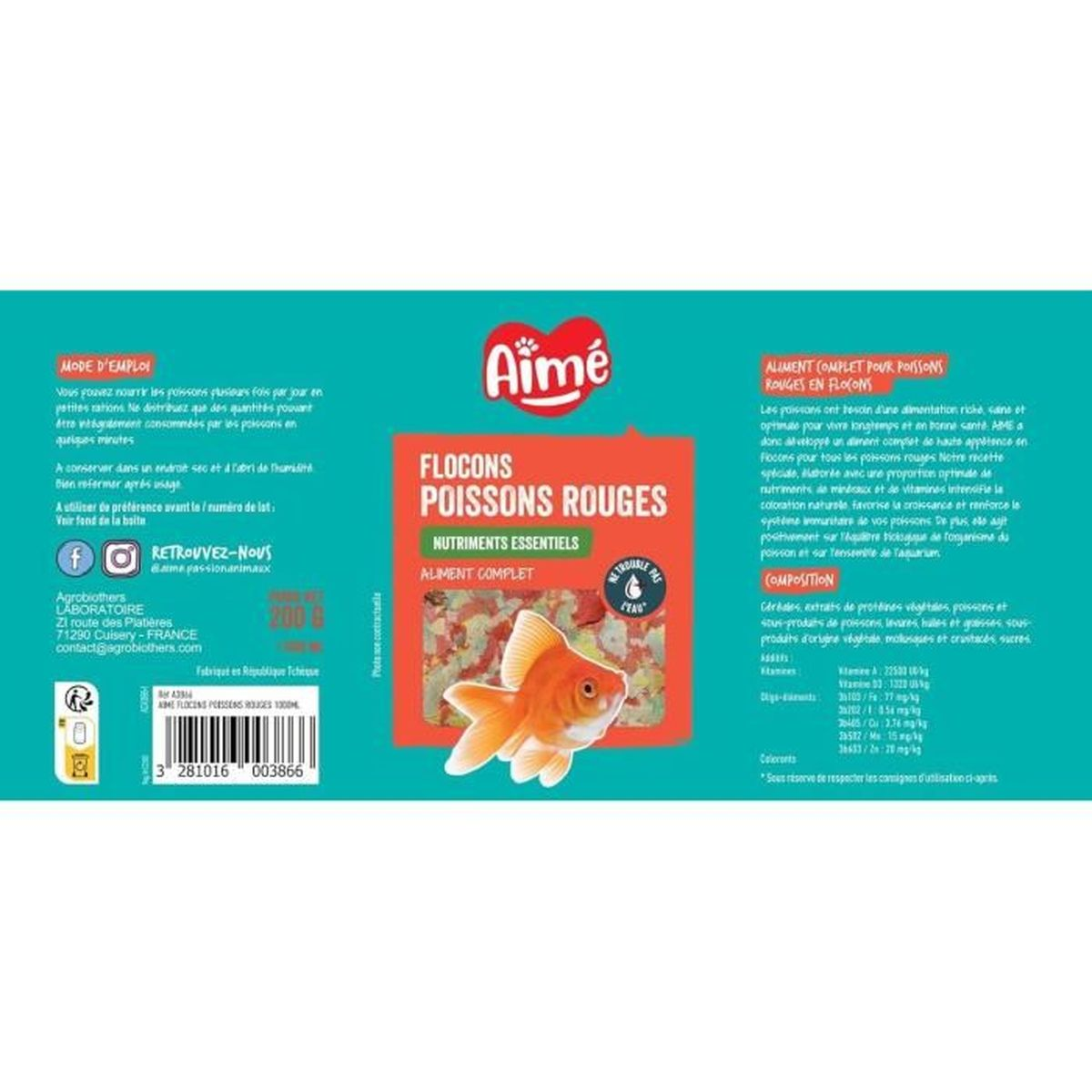 Verpackung für rote Goldfischflocken mit einem Goldfisch-Bild.
