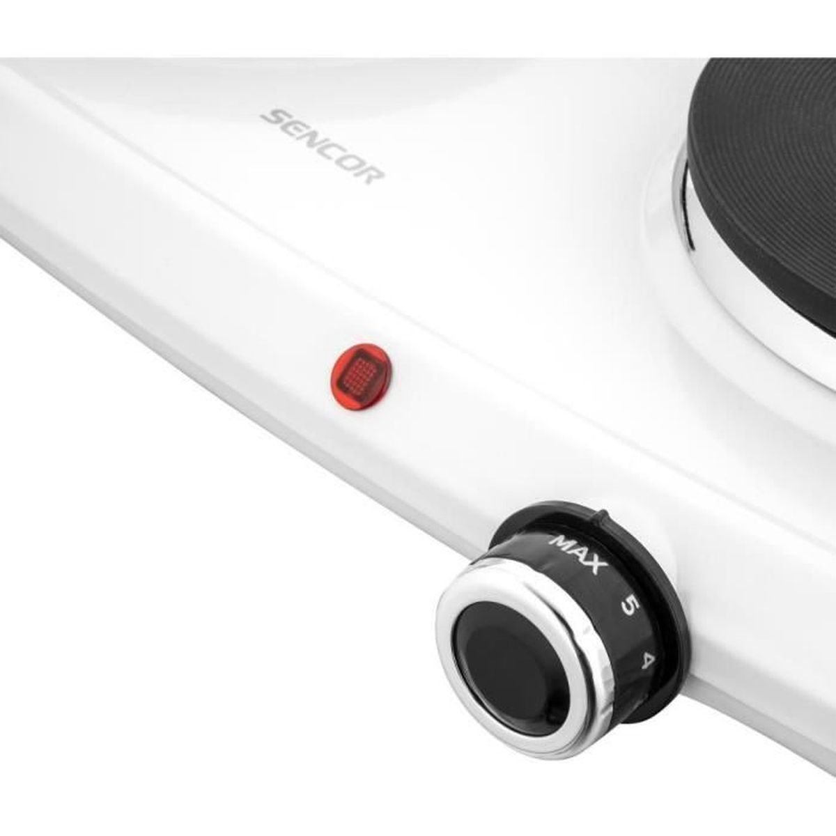 Fornello elettrico bianco con spia rossa e manopola di controllo.