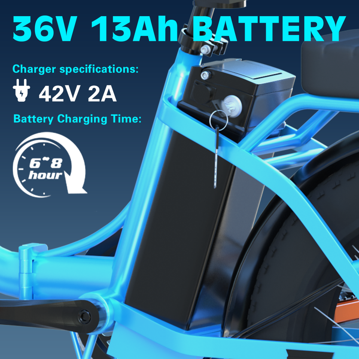 Bateria e-bike 36V 13Ah, specyfikacja ładowarki: 42V 2A, czas ładowania 6-8h.