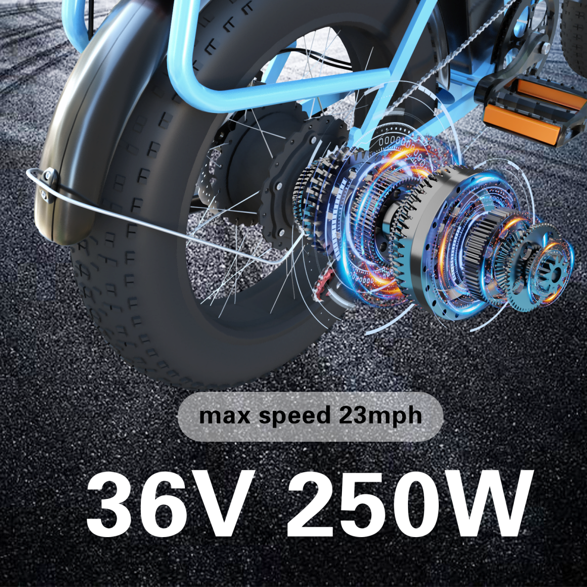 Zbliżenie napędu roweru elektrycznego z zębatkami i tekstem '36V 250W'.