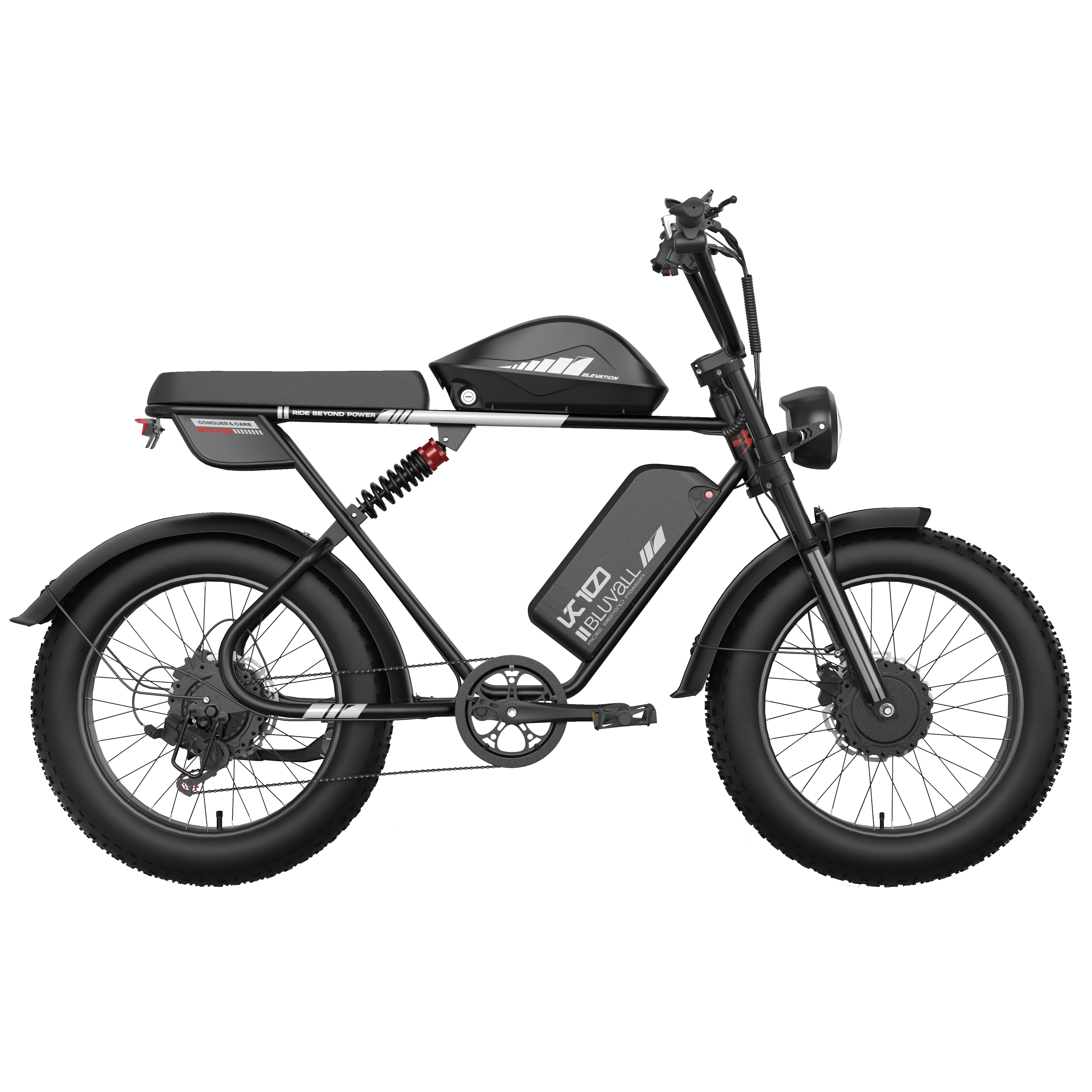 Czarny rower elektryczny z grubymi oponami, amortyzacją i baterią.