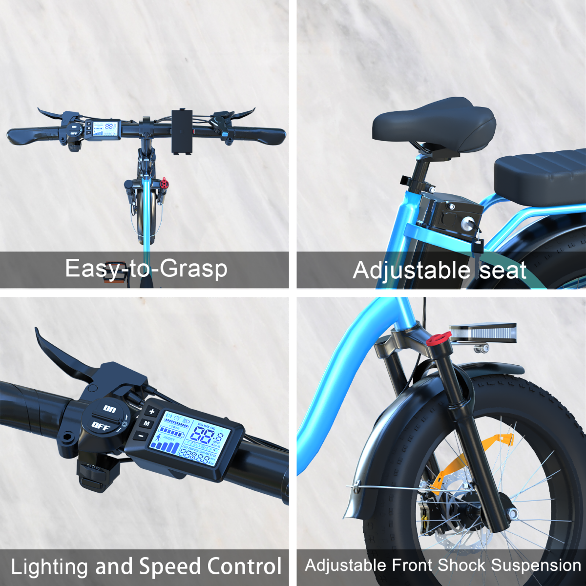 Kolaż pokazujący szczegóły roweru elektrycznego: kierownicę, siodełko, sterowanie i widelec przedni.