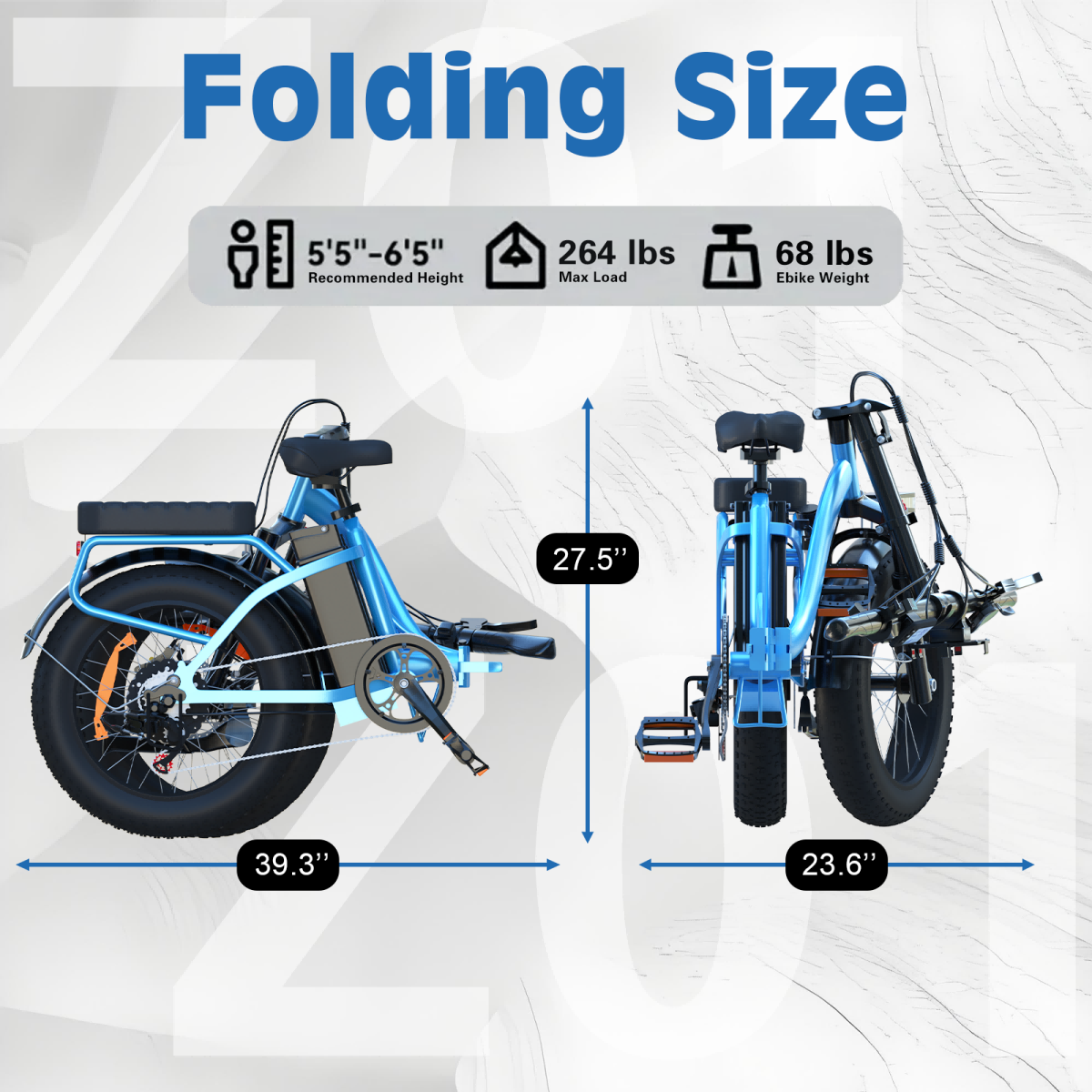 Niebieski rower składany o wymiarach: 39,3" Dł, 27,5" Wys, 23,6" Szer. Maks. obciążenie 264 lbs.