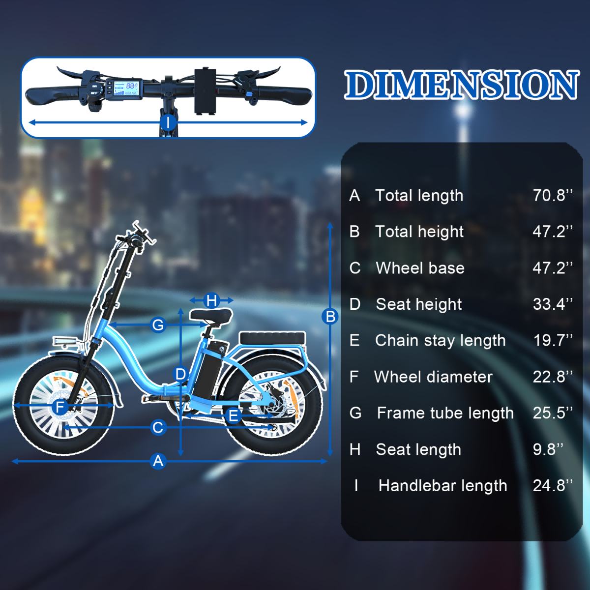 Niebieski rower elektryczny z wymiarami na ciemnym tle. Pokazuje kierownicę, ramę i koła.