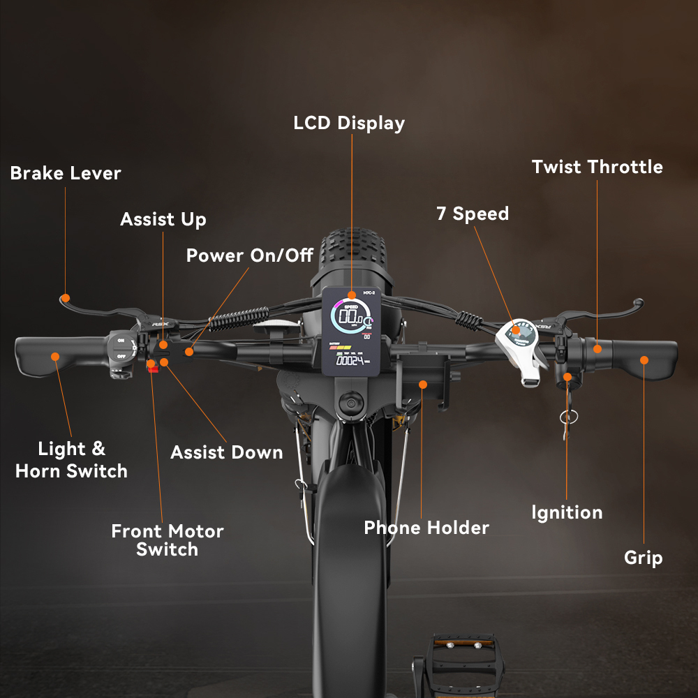 Kierownica roweru elektrycznego z wyświetlaczem LCD, dźwignią hamulca i manetką.