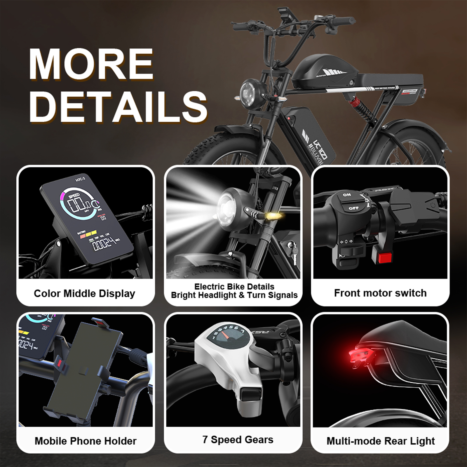 Szczegóły roweru elektrycznego: wyświetlacz, reflektor, przełączniki, uchwyt na telefon, biegi, tylne światło.