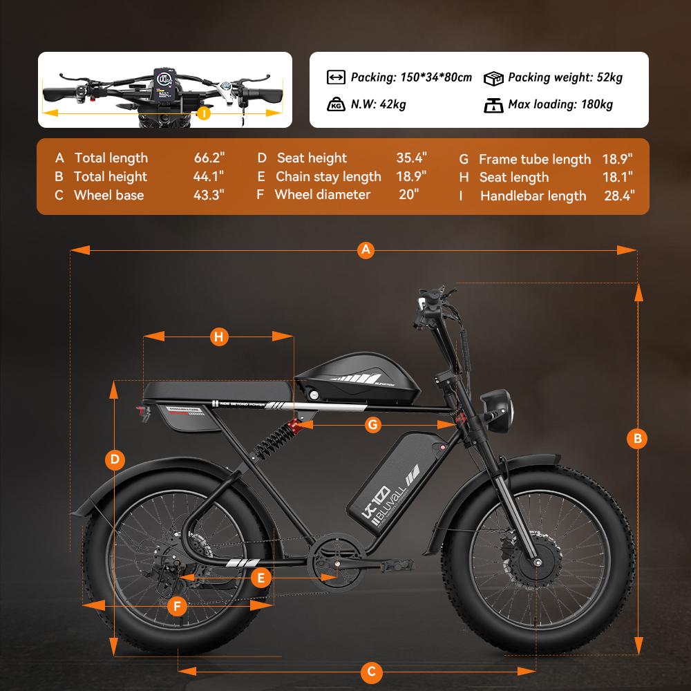 Czarny rower elektryczny z wymiarami i specyfikacjami. Widoczne koła przednie i tylne.