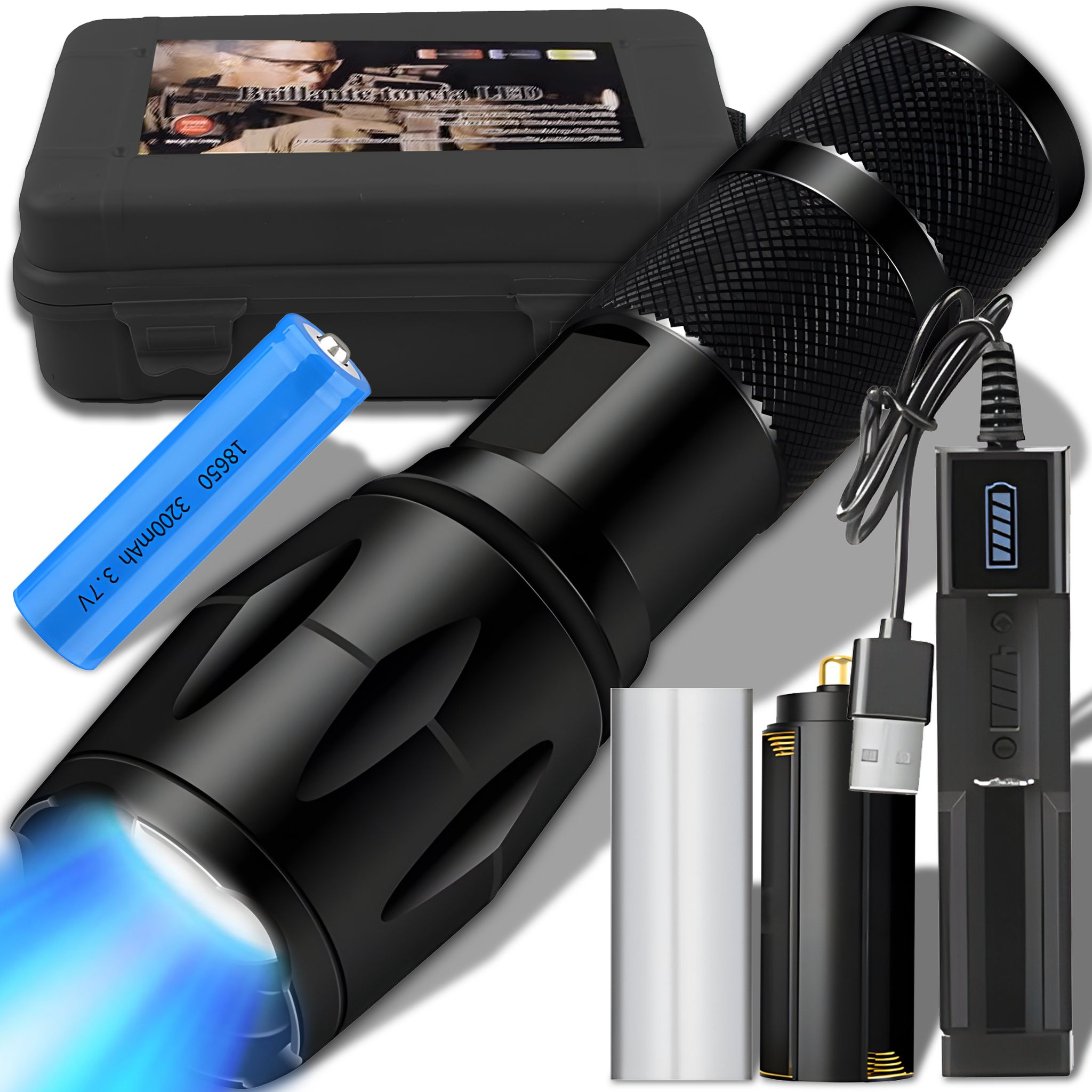 Schwarze Taschenlampe mit blauem Lichtstrahl, Batterie, Ladegerät und Koffer.