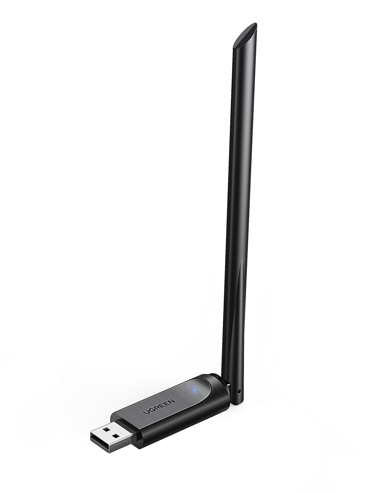 Antenli ve mavi LED'li siyah USB Wi-Fi adaptörü.