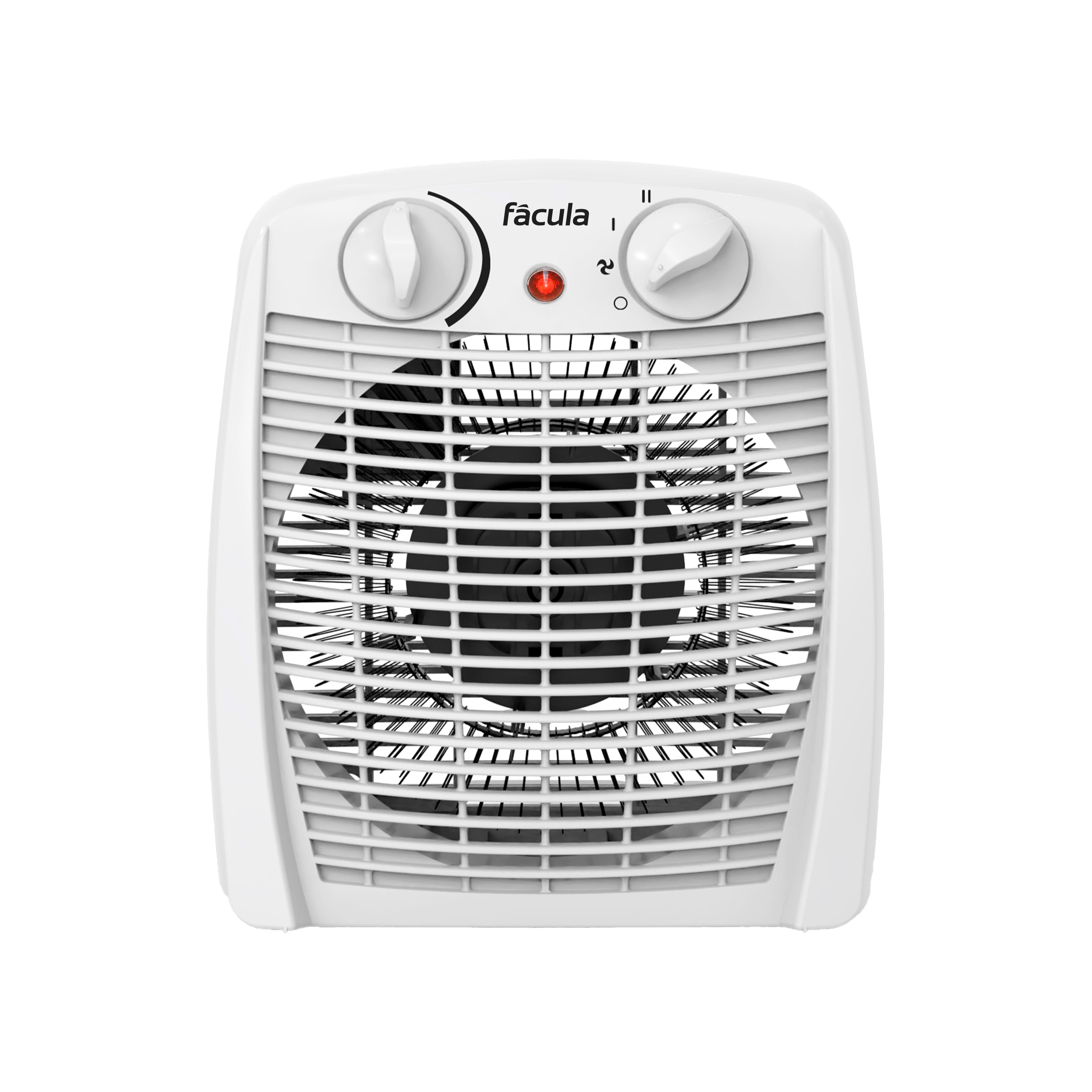 Un calefactor blanco con dos mandos giratorios y una luz roja.