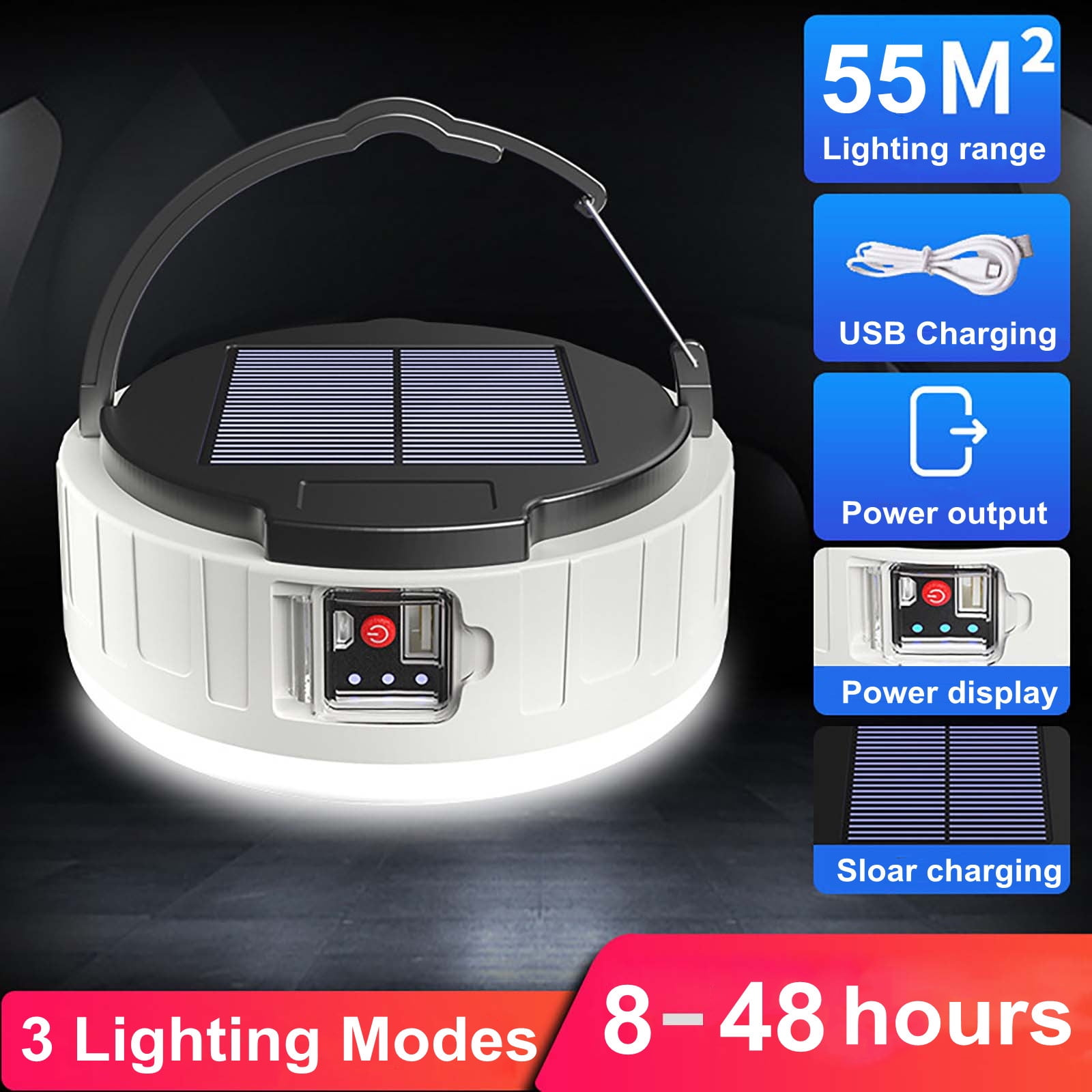 Weiße Lampe mit Solarmodul, USB-Ladeanschluss, Power-Display und Griff.
