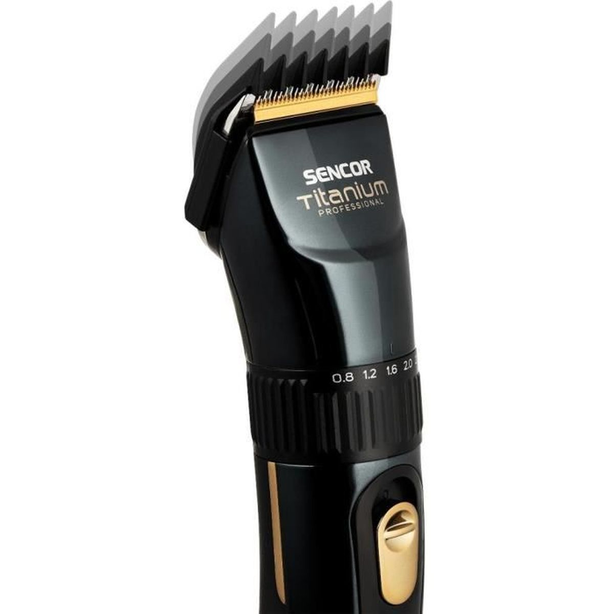 Schwarzer Sencor Titanium Professional Haarschneider mit goldenen Klingen und einstellbaren Einstellungen.