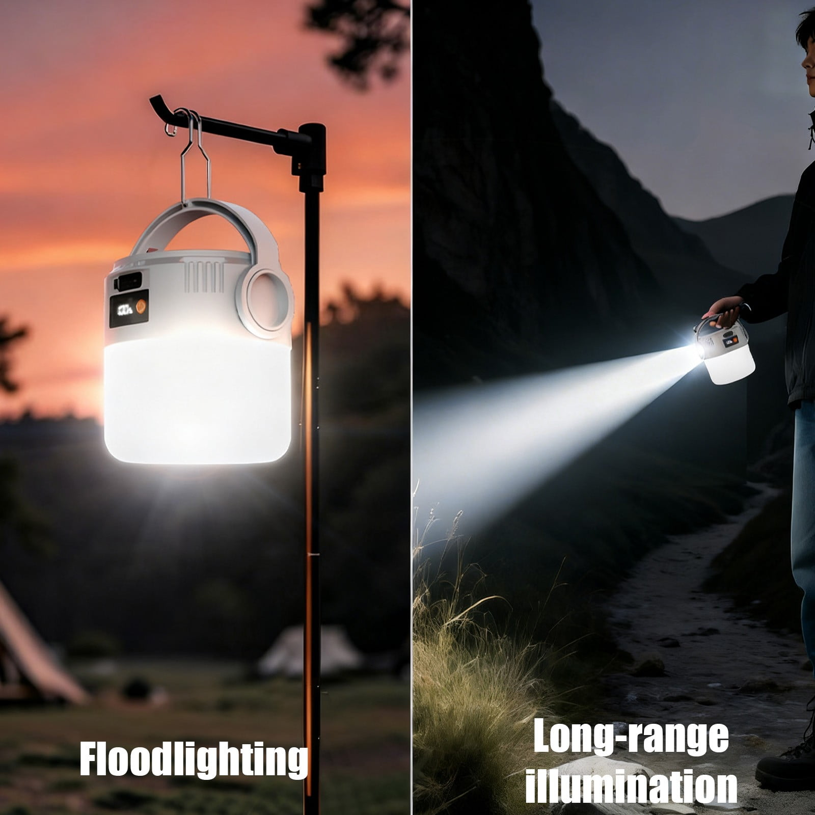 Campinglampe im Freien bei Sonnenuntergang und eine Person mit Lampe im Dunkeln.
