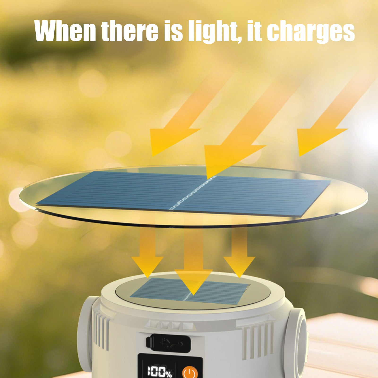Weiße Lampe mit Solarpanel, das Licht empfängt, um aufzuladen.