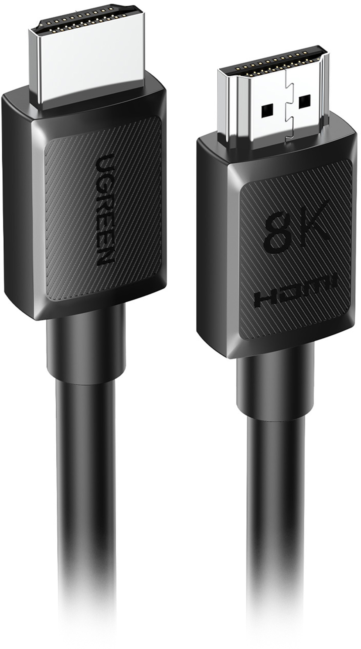 Dwa czarne kable HDMI z nadrukiem 8K na białym tle.
