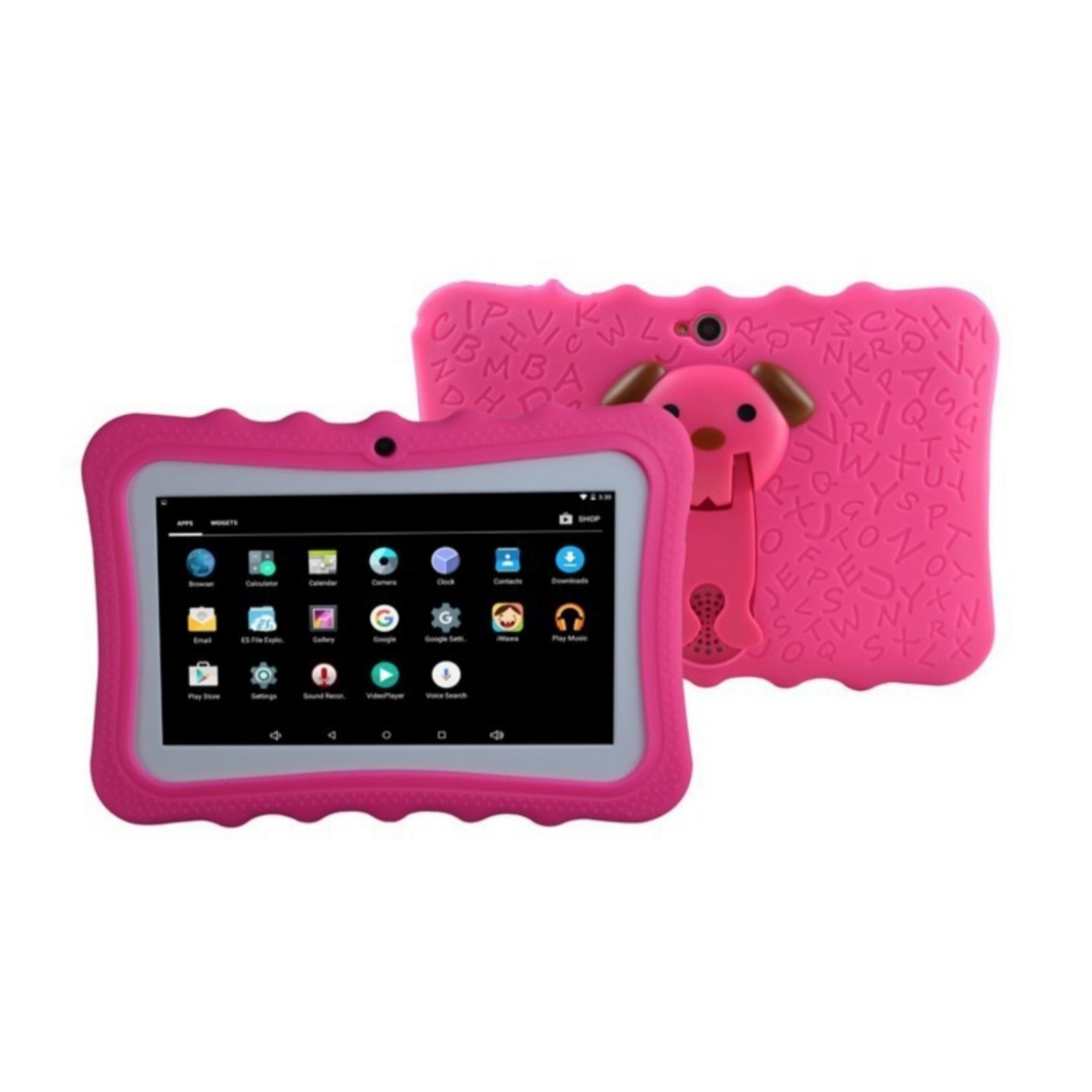 Ein rosa Tablet mit einem Hunde-Ständer auf der Rückseite und verschiedenen App-Symbolen auf dem Bildschirm.