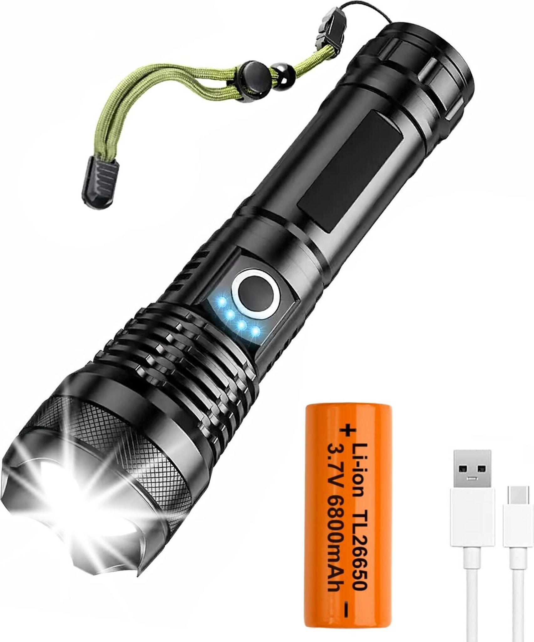 Schwarze Taschenlampe mit Lanyard, Batterie und USB-Kabel.