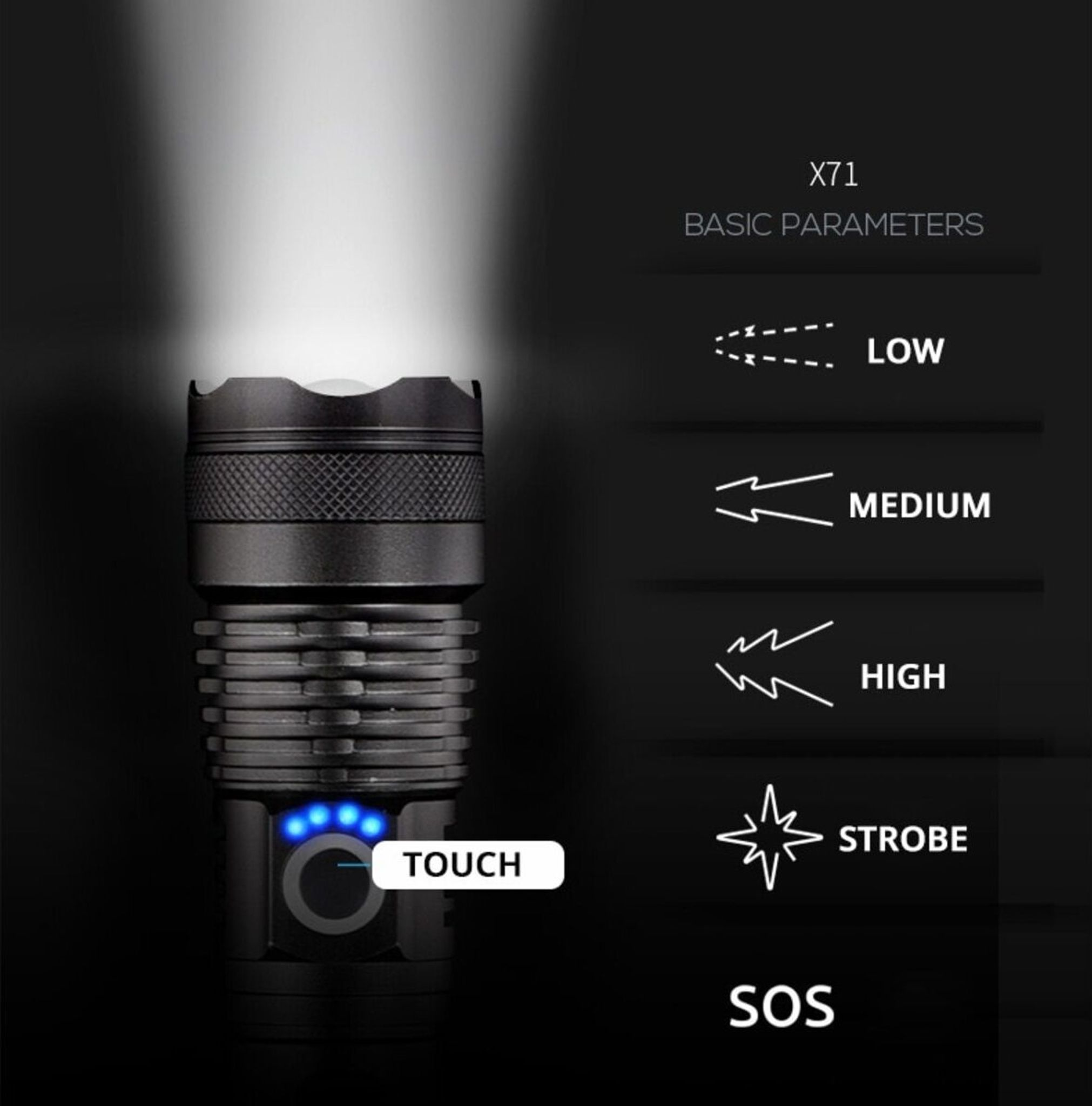 Schwarze Taschenlampe mit vier Lichtmodi: Low, Medium, High, Strobe und SOS.