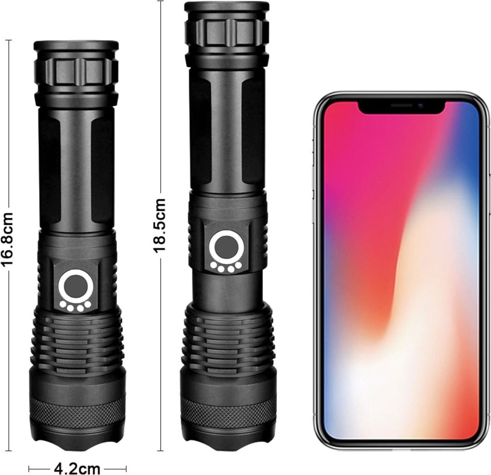 Zwei schwarze Taschenlampen und ein Smartphone mit bunten Hintergrund.