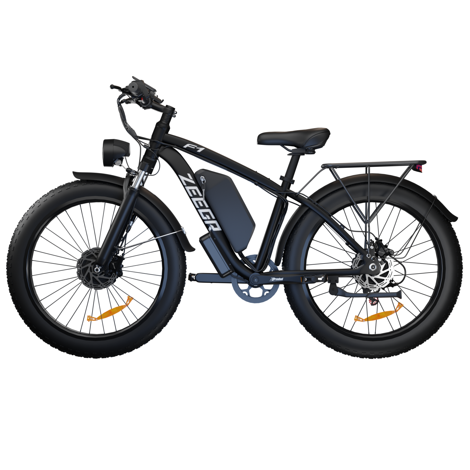 Czarny rower elektryczny z grubymi oponami, bagażnikiem i czarną ramą.