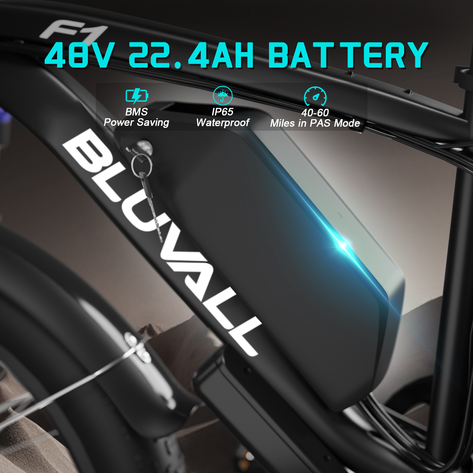 Zbliżenie czarnej baterii roweru elektrycznego z logo "BLUVALL" i detalami technicznymi.