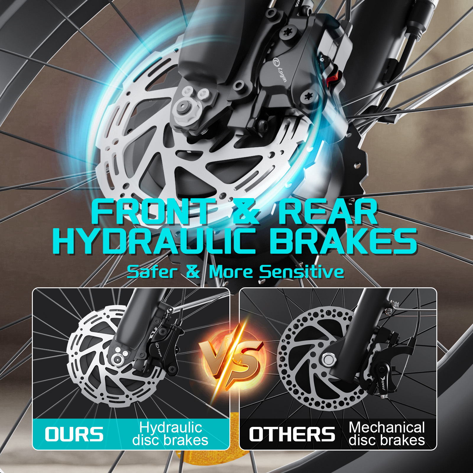 Zbliżenie na hamulce tarczowe roweru, porównanie hydraulicznych vs. mechanicznych.