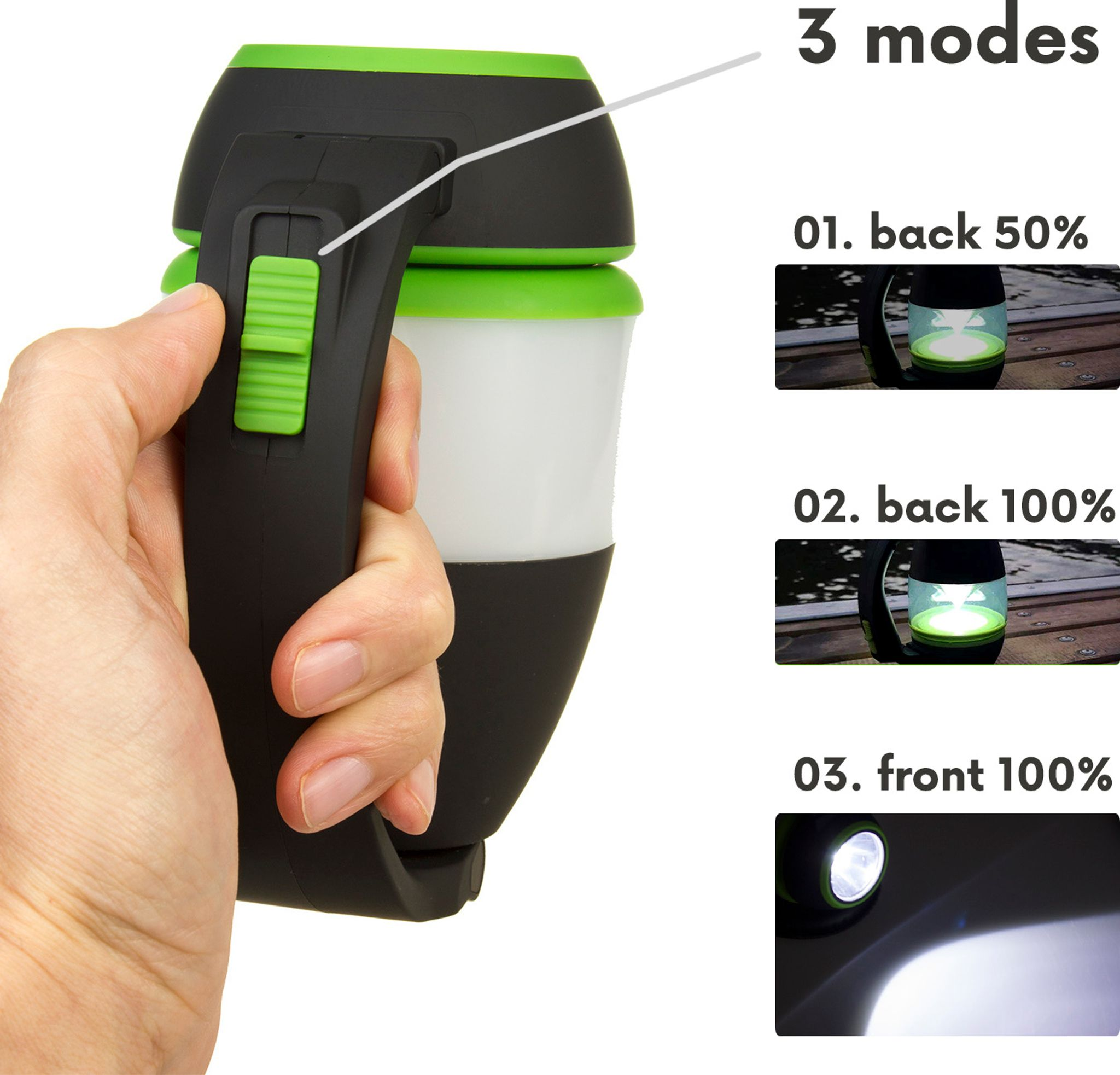 Hand hält eine schwarz-gr üne Taschenlampe mit drei Beleuchtungsmodi.