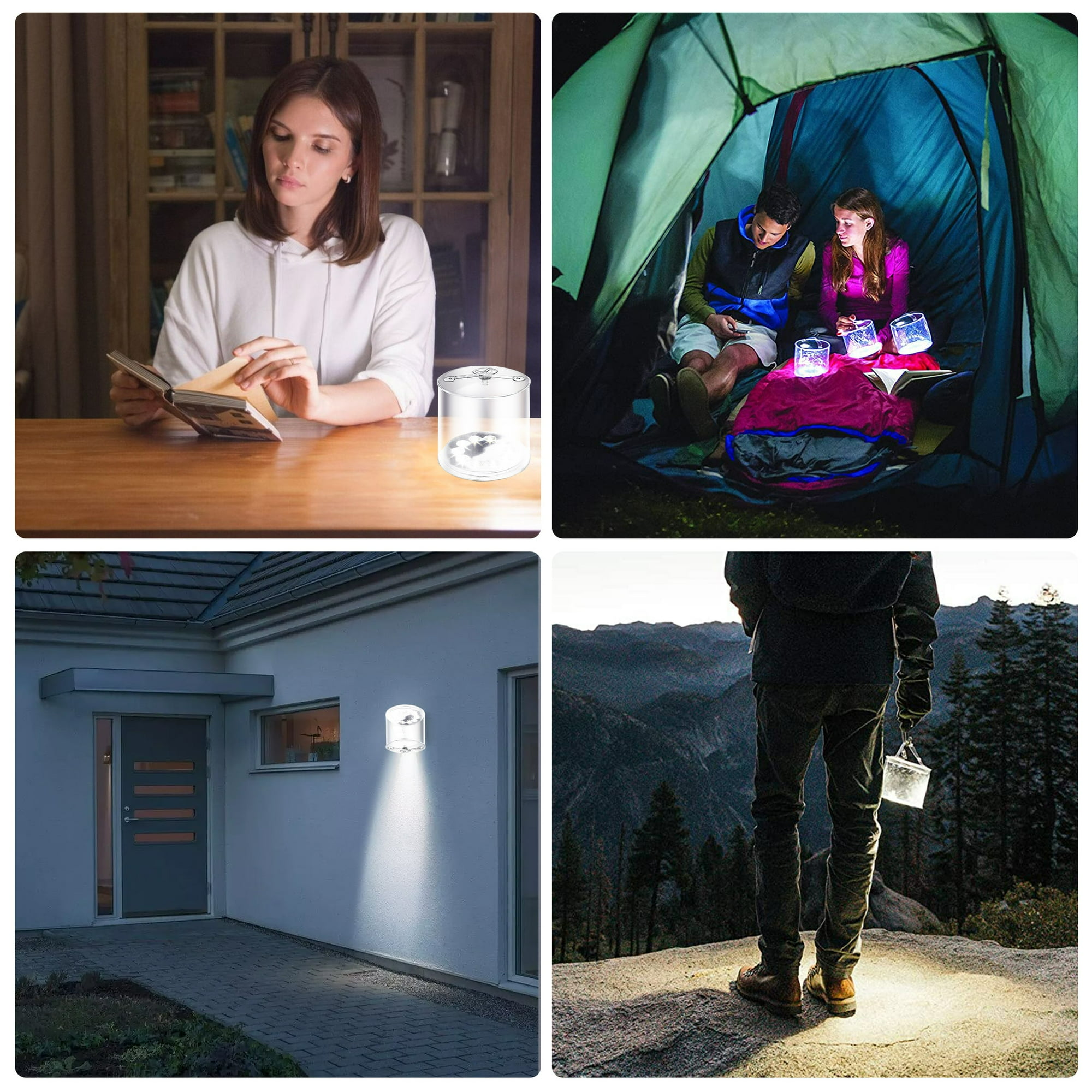 Frau liest Buch, Paar im Zelt, Lampe an Hauswand, Wanderer mit Laterne.