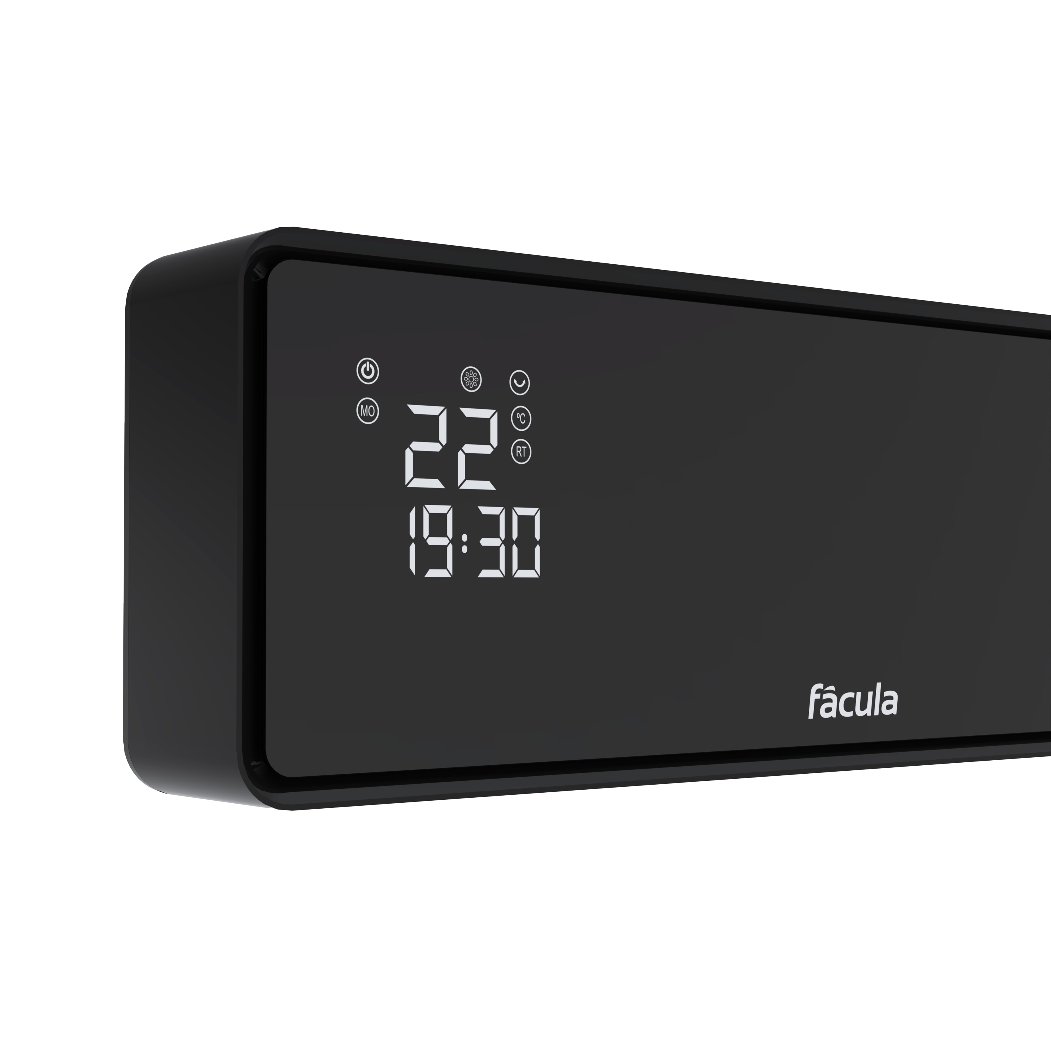 Calentador negro con pantalla digital que muestra 22 grados y 19:30.
