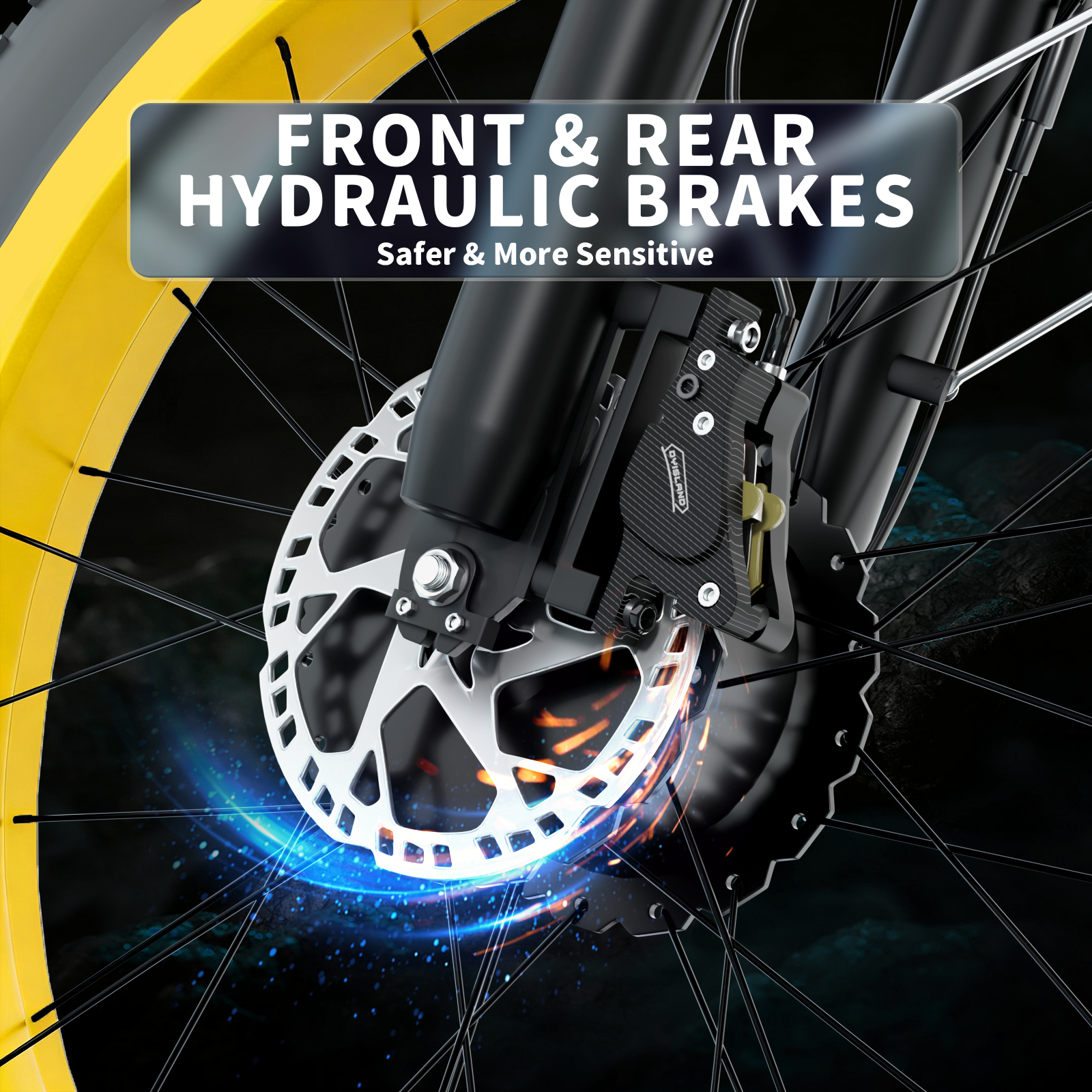 Hamulec tarczowy roweru z żółtą obręczą i nałożonym tekstem.