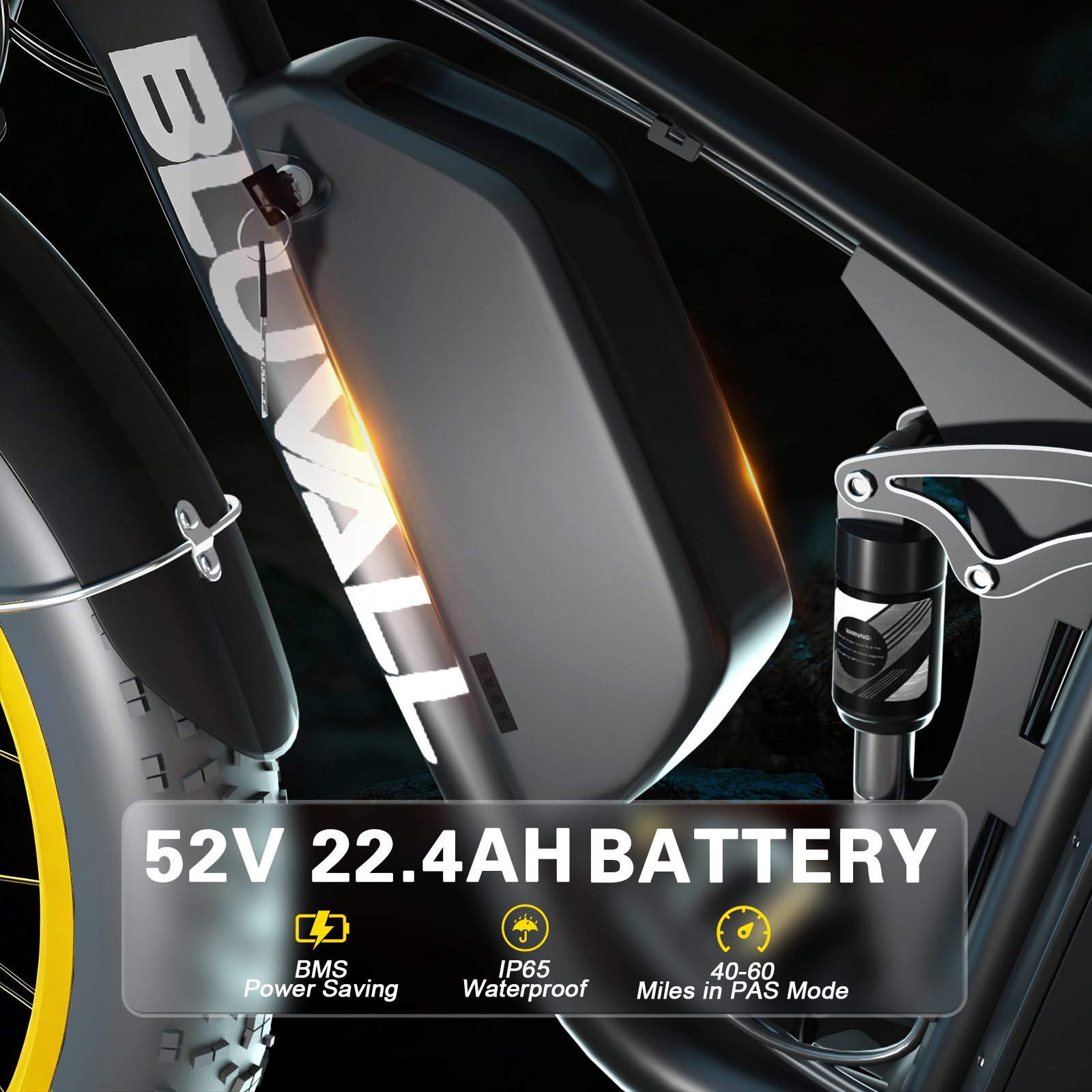 Zbliżenie na baterię roweru elektrycznego z tekstem: BATERIA 52V 22,4AH, BMS, IP65, 40-60 Mil.