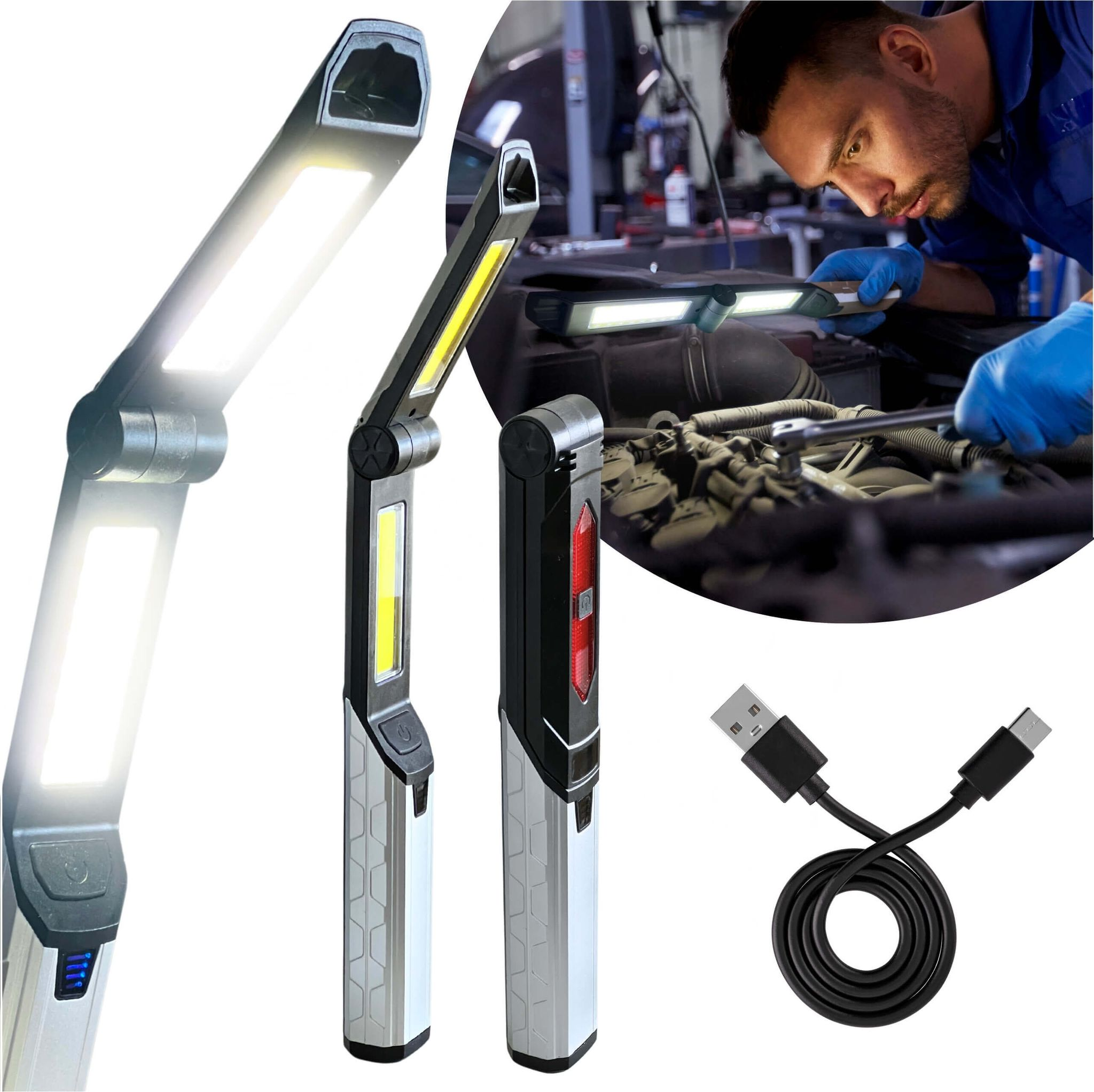 Mechaniker im blauen Overall repariert Auto mit Werkzeug und Arbeitsleuchte.