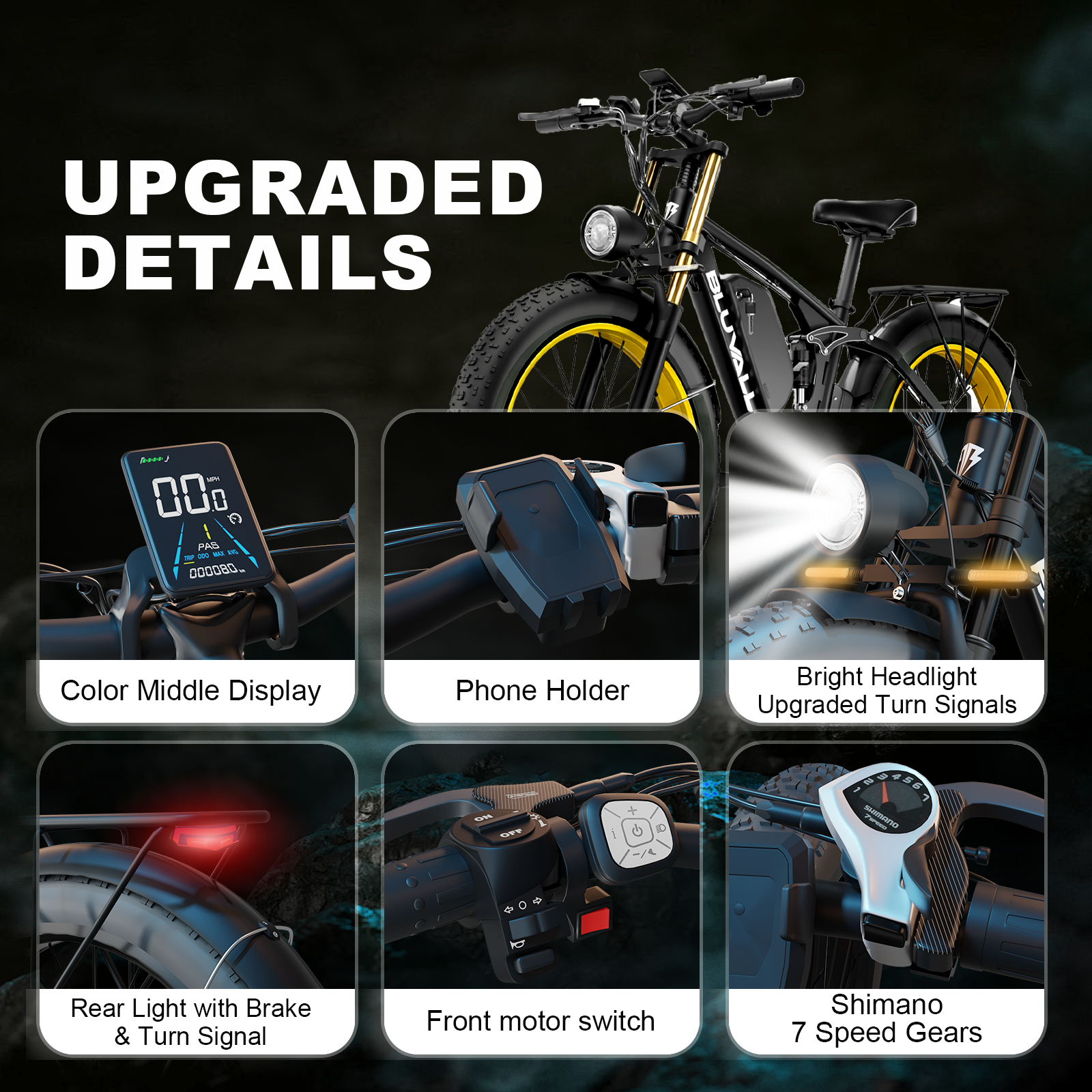 Szczegóły roweru elektrycznego: wyświetlacz, uchwyt na telefon, światła, tylne światło.