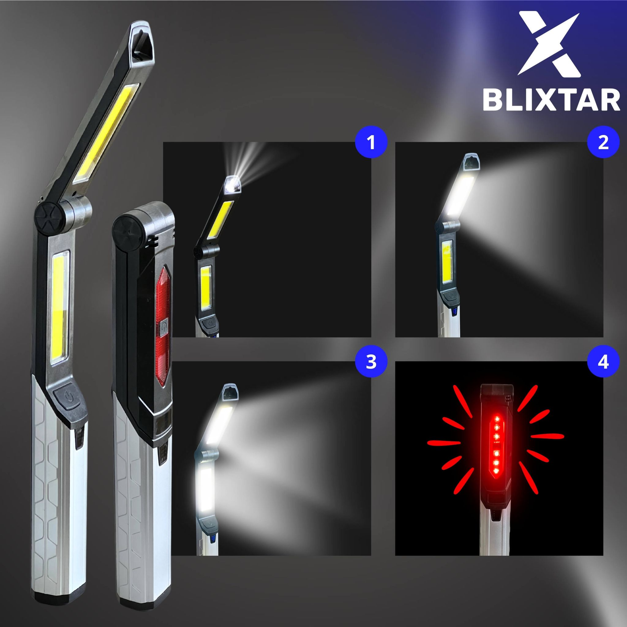Vier Bilder zeigen eine Klapp-Arbeitsleuchte mit LEDs. Bild 1 und 3 zeigen das Licht.