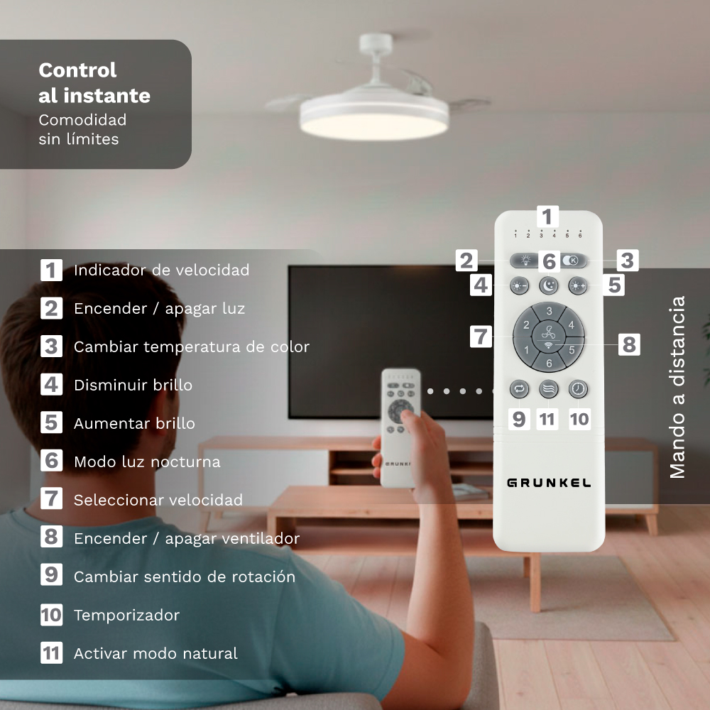 Un hombre sostiene un mando a distancia para un ventilador de techo con luz.