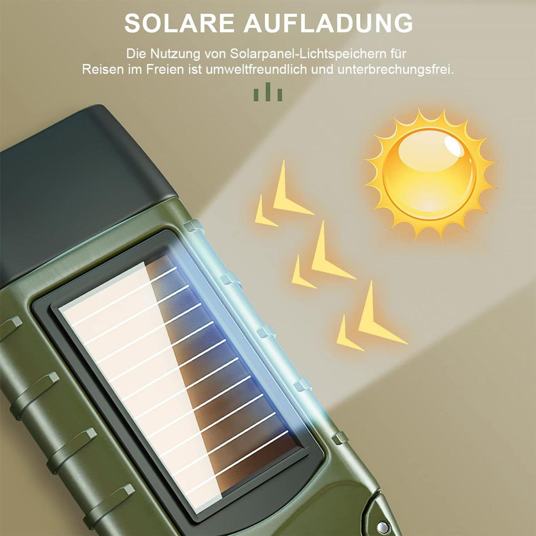 Ein grünes Gerät mit Solarpanel wird von einer Sonne mit Strahlen beleuchtet.