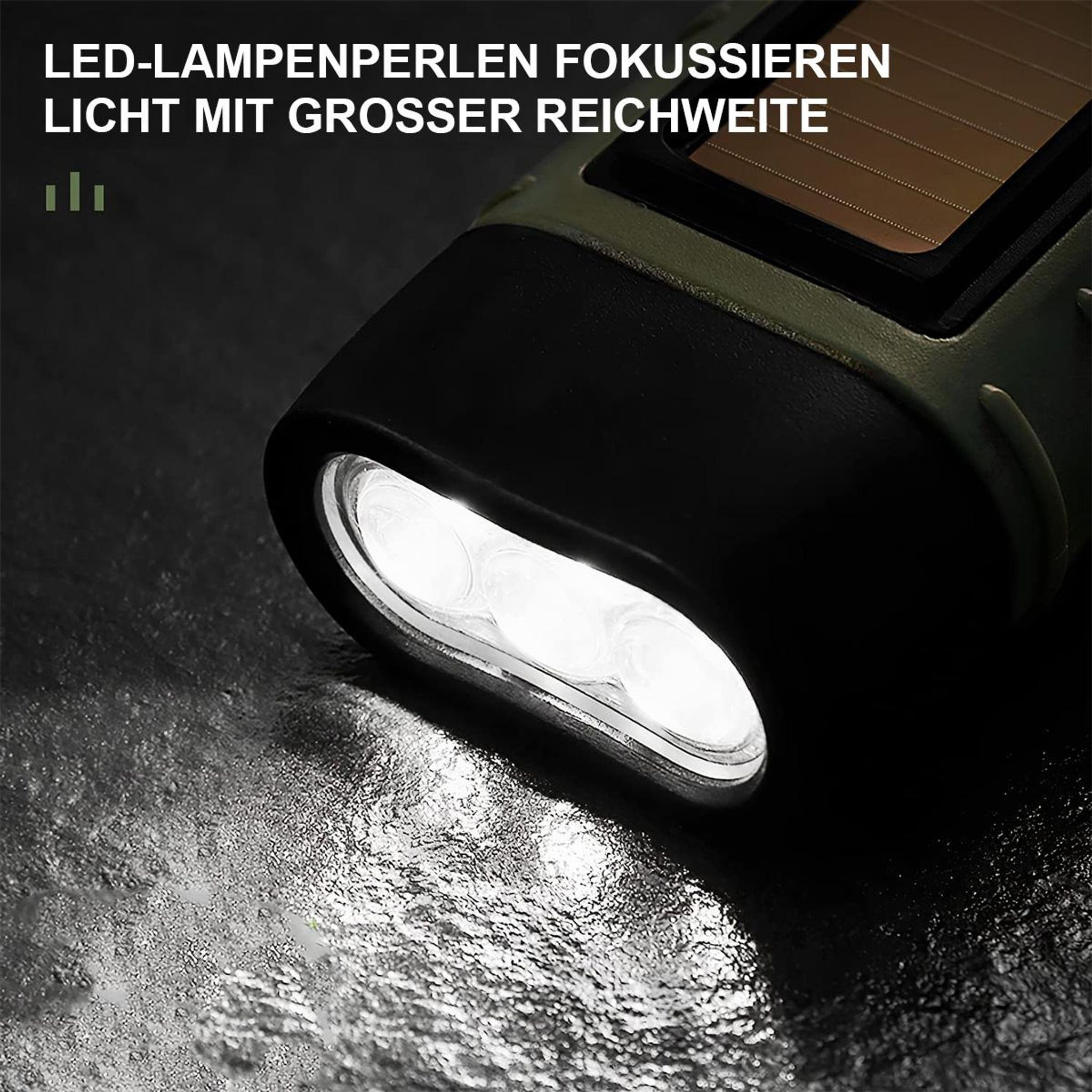 Eine Nahaufnahme einer Taschenlampe mit drei hellen LEDs und einem Solarpanel.