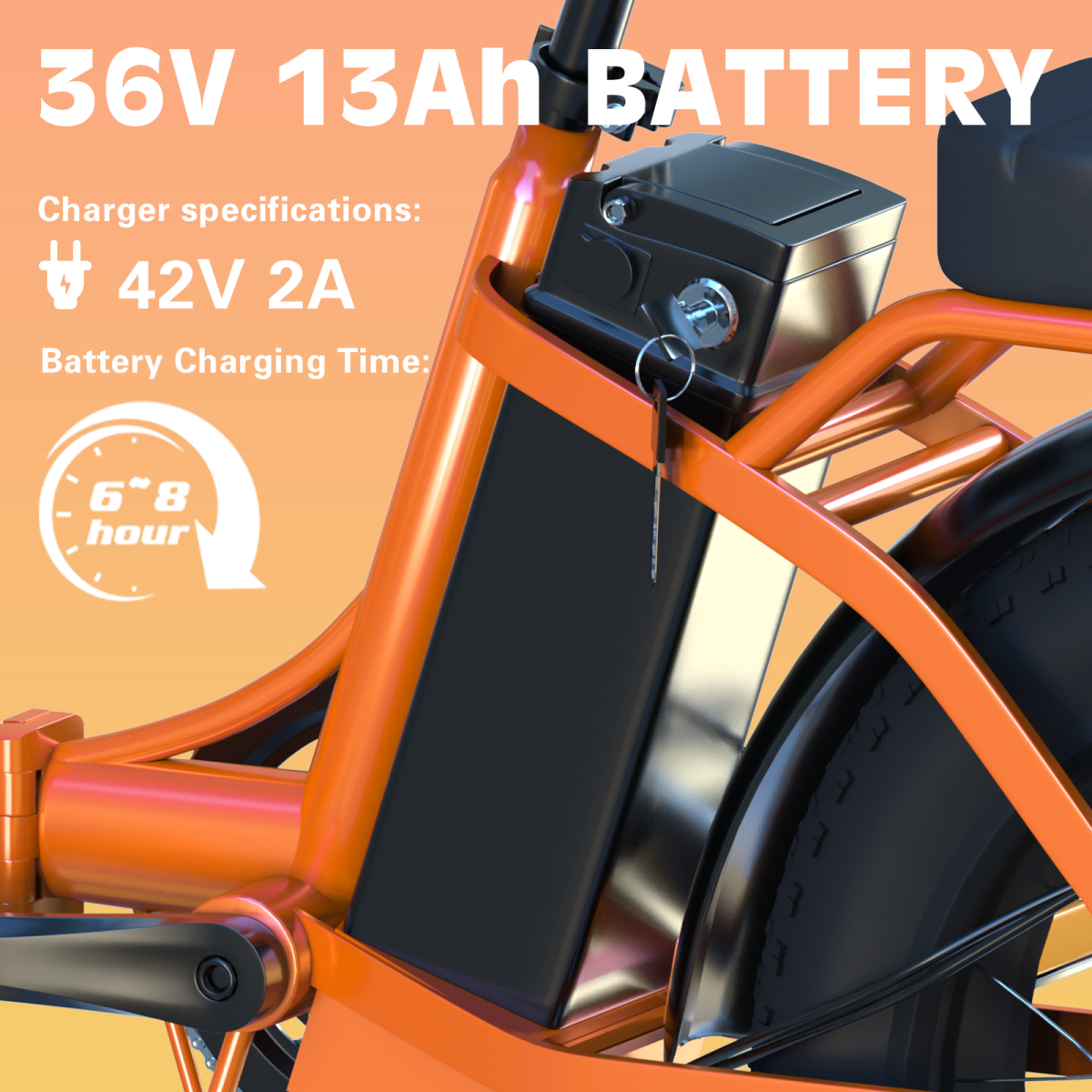 Pomarańczowy rower elektryczny z baterią 36V 13Ah. Ładowarka: 42V 2A, czas ładowania 6-8h.