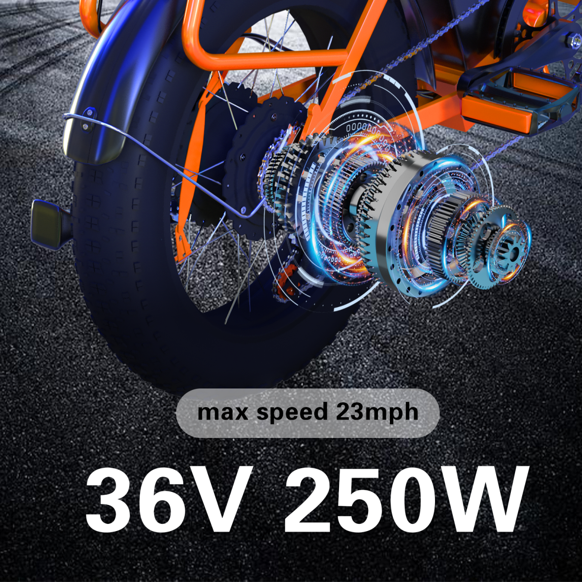 Zbliżenie pomarańczowego silnika roweru z zębami, oznaczenie 36V 250W.