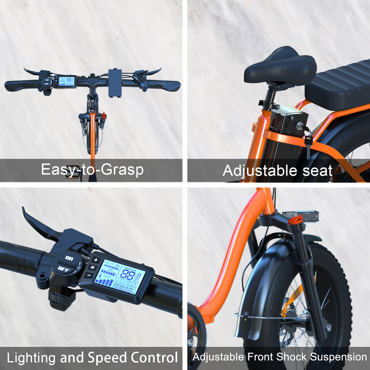 Cztery widoki pomarańczowego roweru elektrycznego, pokazujące kierownicę, siedzenie, sterowanie i zawieszenie.